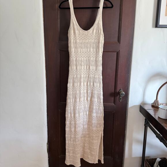 SALTWATER LUXE Cream Crochet Knit Sweater Midi Dress Boho Beachy Festival Large - Picture 2 of 9